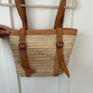 Neuflora style Tan Leather Strap Woven Tote Bag